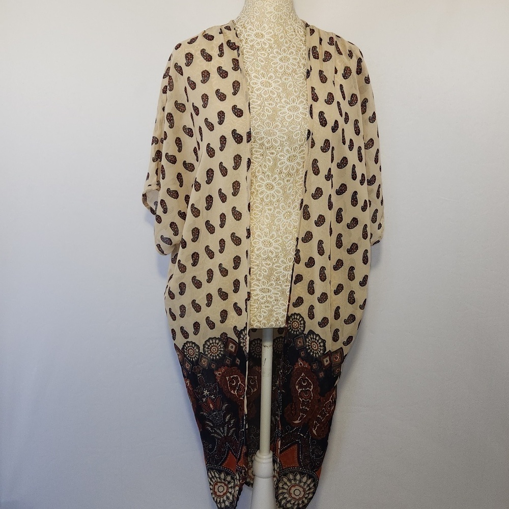 Live 4 Truth Multicolor Paisley Print Long Line Open Front Semi Sheer Kimono S